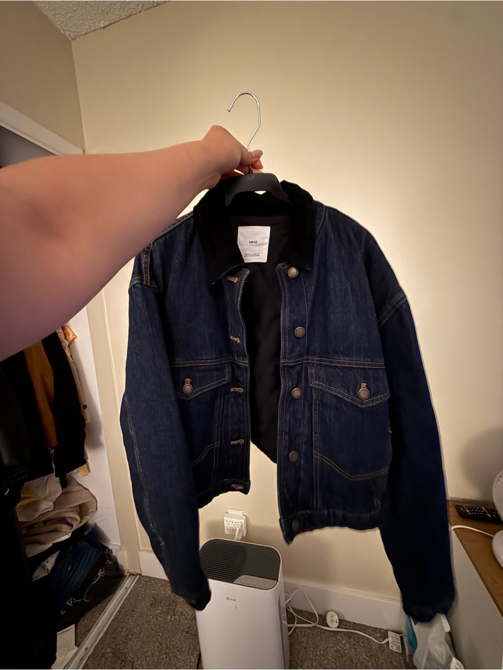 Mango Navy Denim Jacket with Black Corduroy Collar